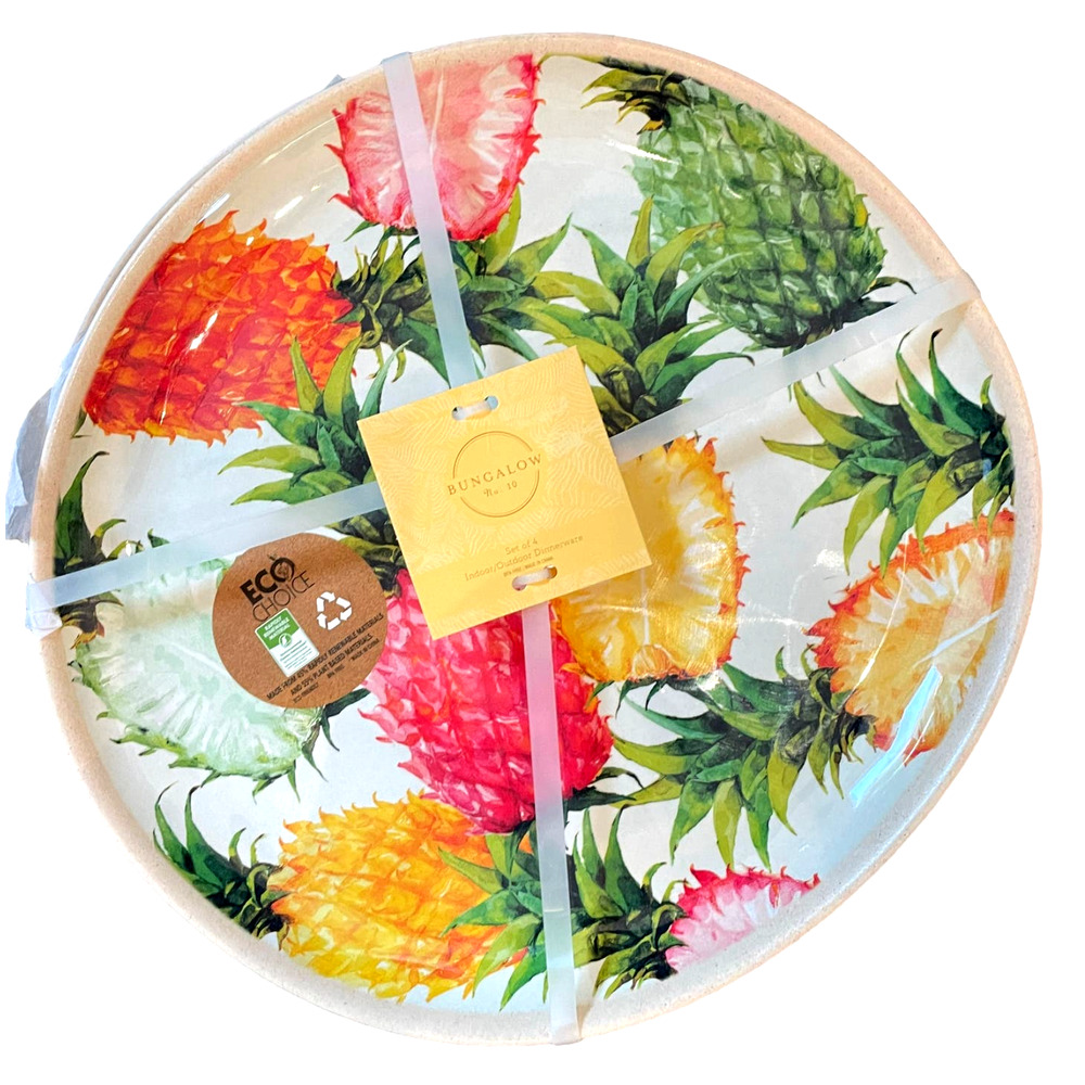 Bungalow Hibiscus Pineapple Melamine Dinner Plates 10.5in Set of 4 Tropical NEW